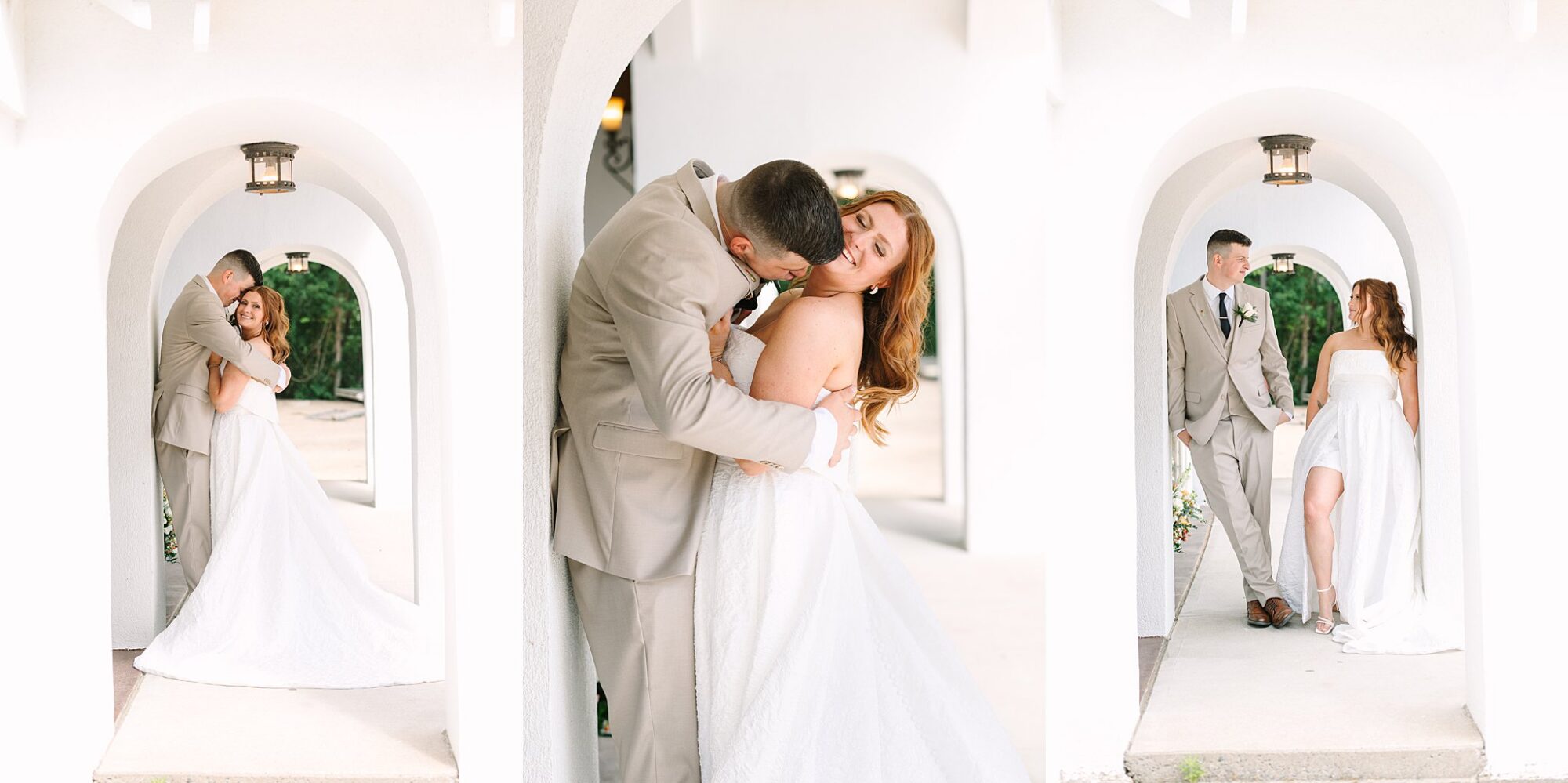 A bride in a white strapless gown and a groom in a light tan suit embrace and share a kiss under white archways, then happily stand side by side, smiling and holding hands.