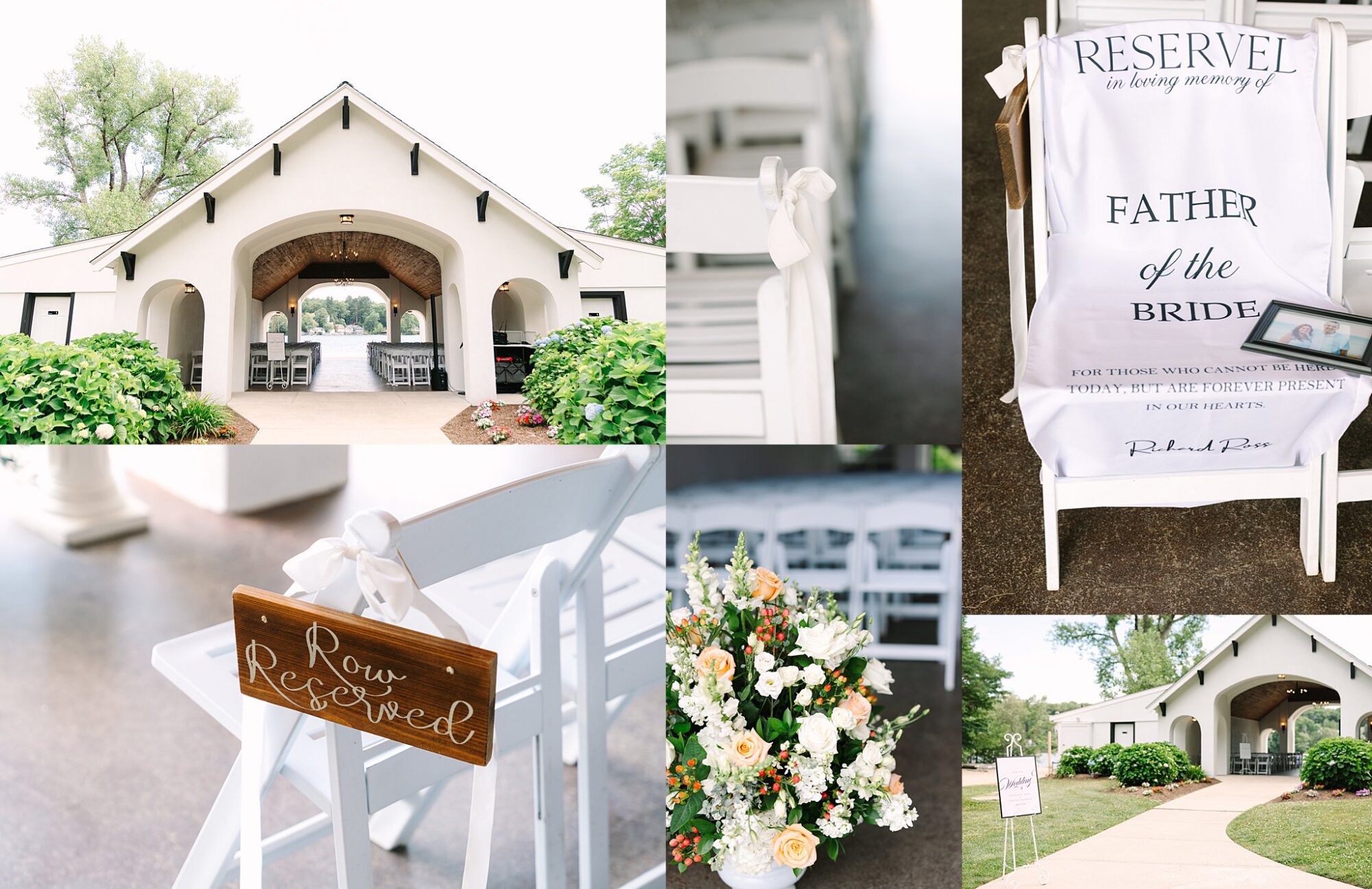 A collage of wedding ceremony scenes: a white chapel, reserved seating signs on white chairs, a white floral arrangement, a Reserved for Father of the Bride sign, and wedding decor details outdoors.