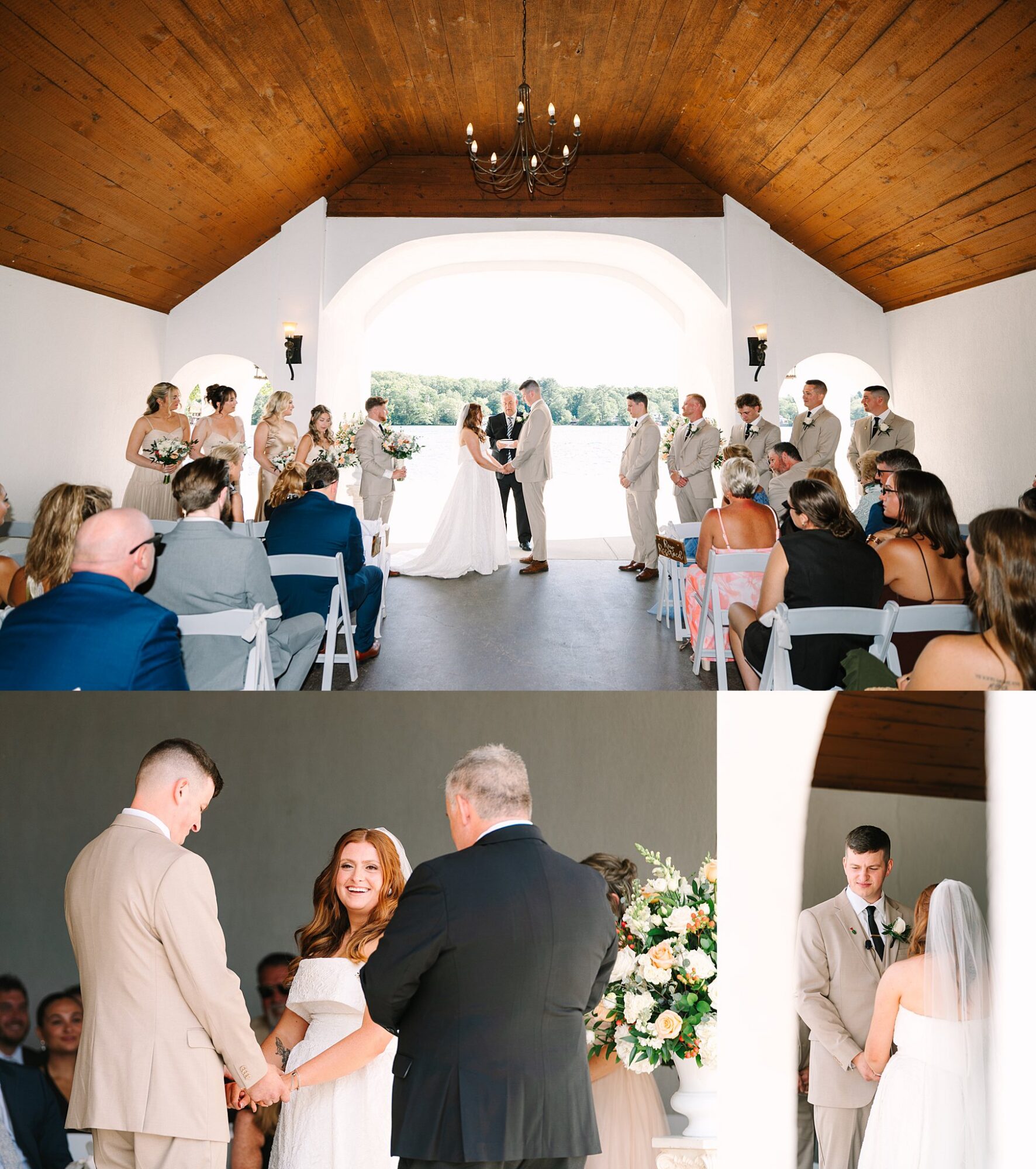 A bride and groom stand at the altar during their indoor wedding ceremony, surrounded by their bridal party in neutral attire and guests seated in rows. The bride smiles as vows are exchanged.