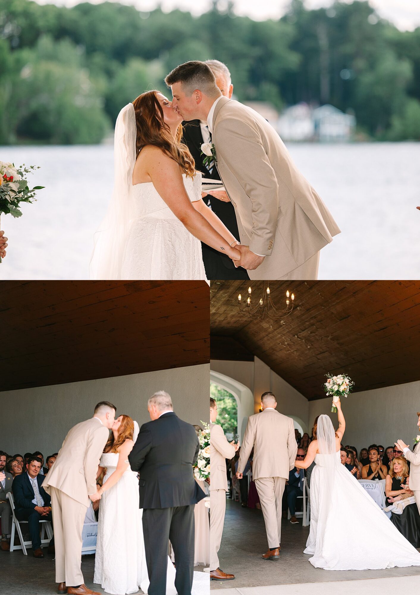A bride and groom kiss during their lakeside wedding ceremony, then walk down the aisle together, smiling and celebrating with guests in a covered venue.