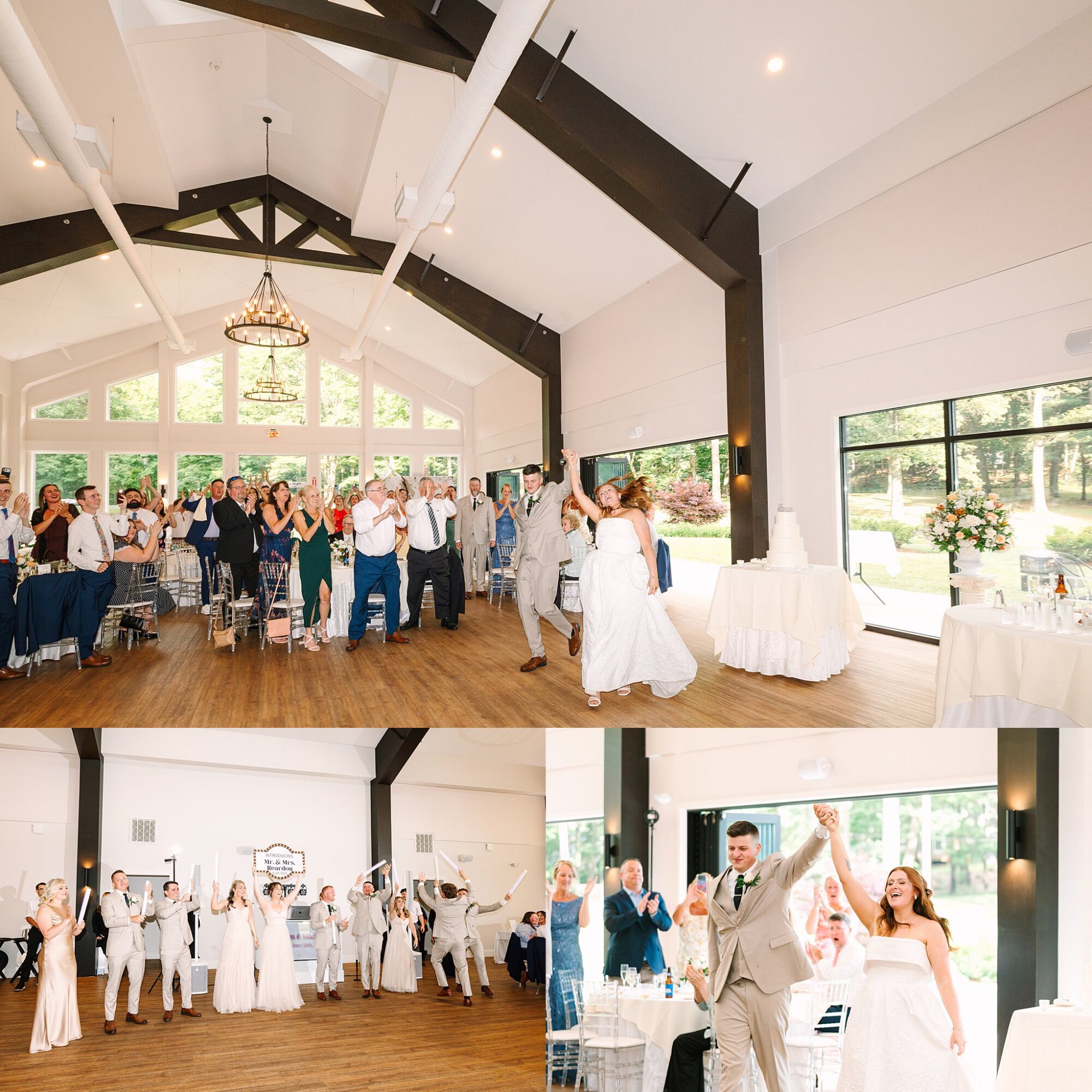 A bride and groom joyfully enter a bright, elegant reception hall as guests cheer. The couple dances, raising their hands in celebration, surrounded by family and friends in a festive atmosphere.