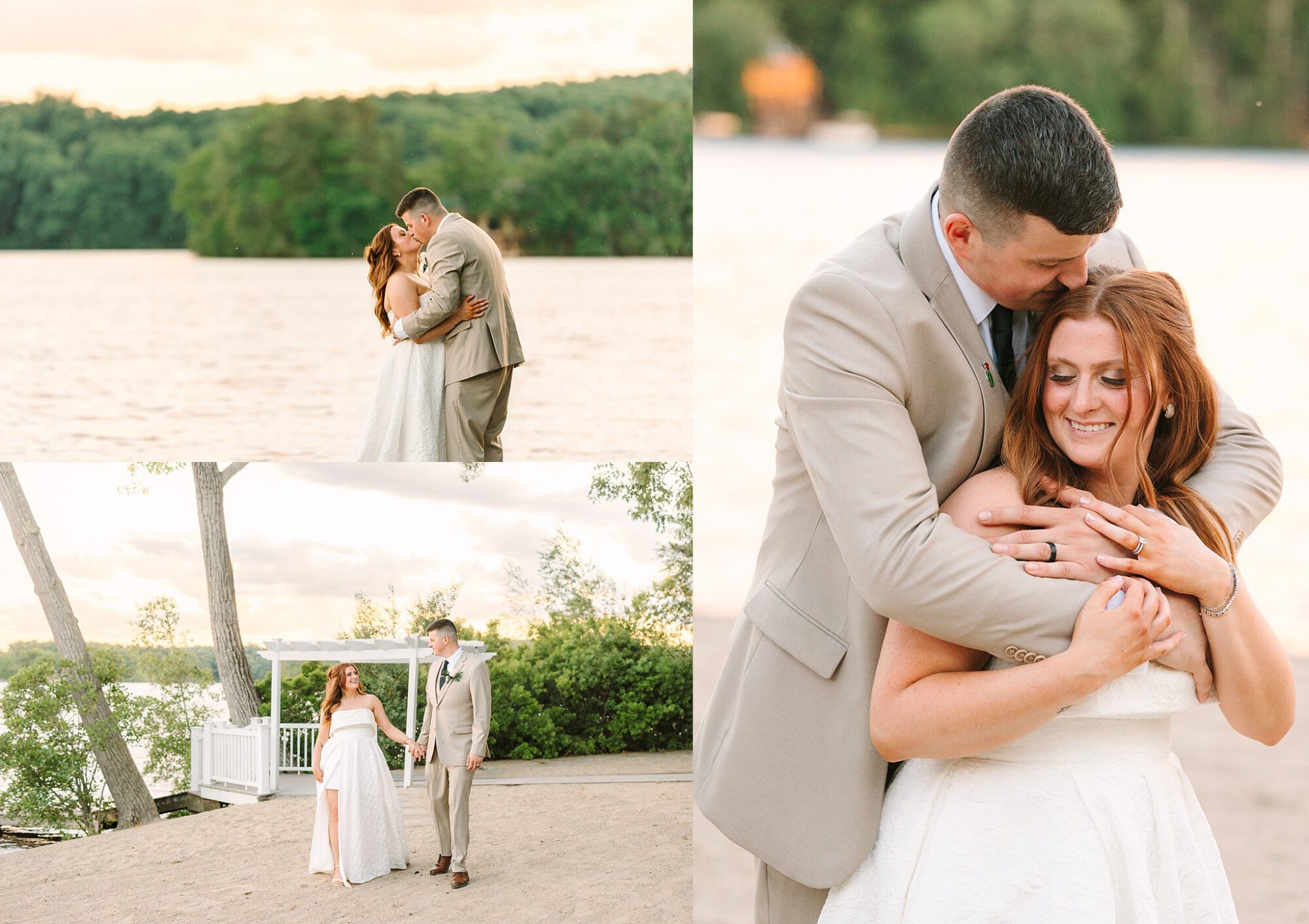 A bride and groom in wedding attire embrace and walk by a lake, surrounded by trees and soft sunlight, sharing joyful and intimate moments.