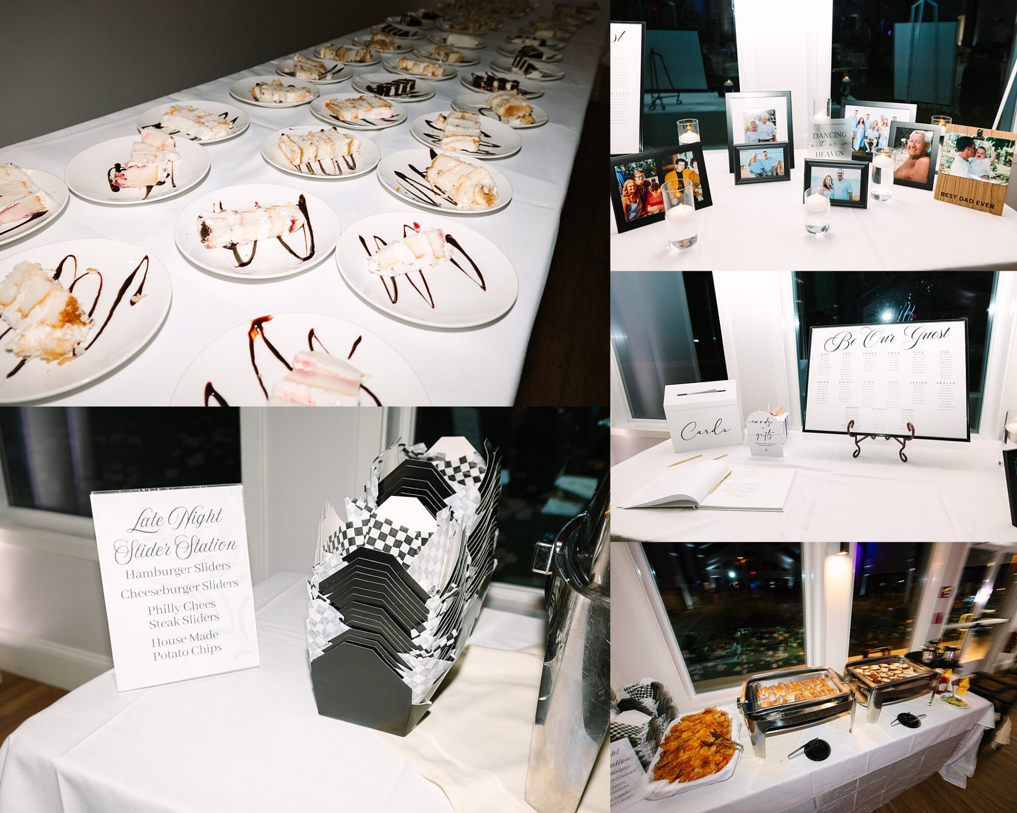 A collage of five images showing a dessert table with plates of cake, a framed photo display, a Pick Your Seat seating chart, a sign for a late-night station menu, baskets of napkins, and chafing dishes with food.