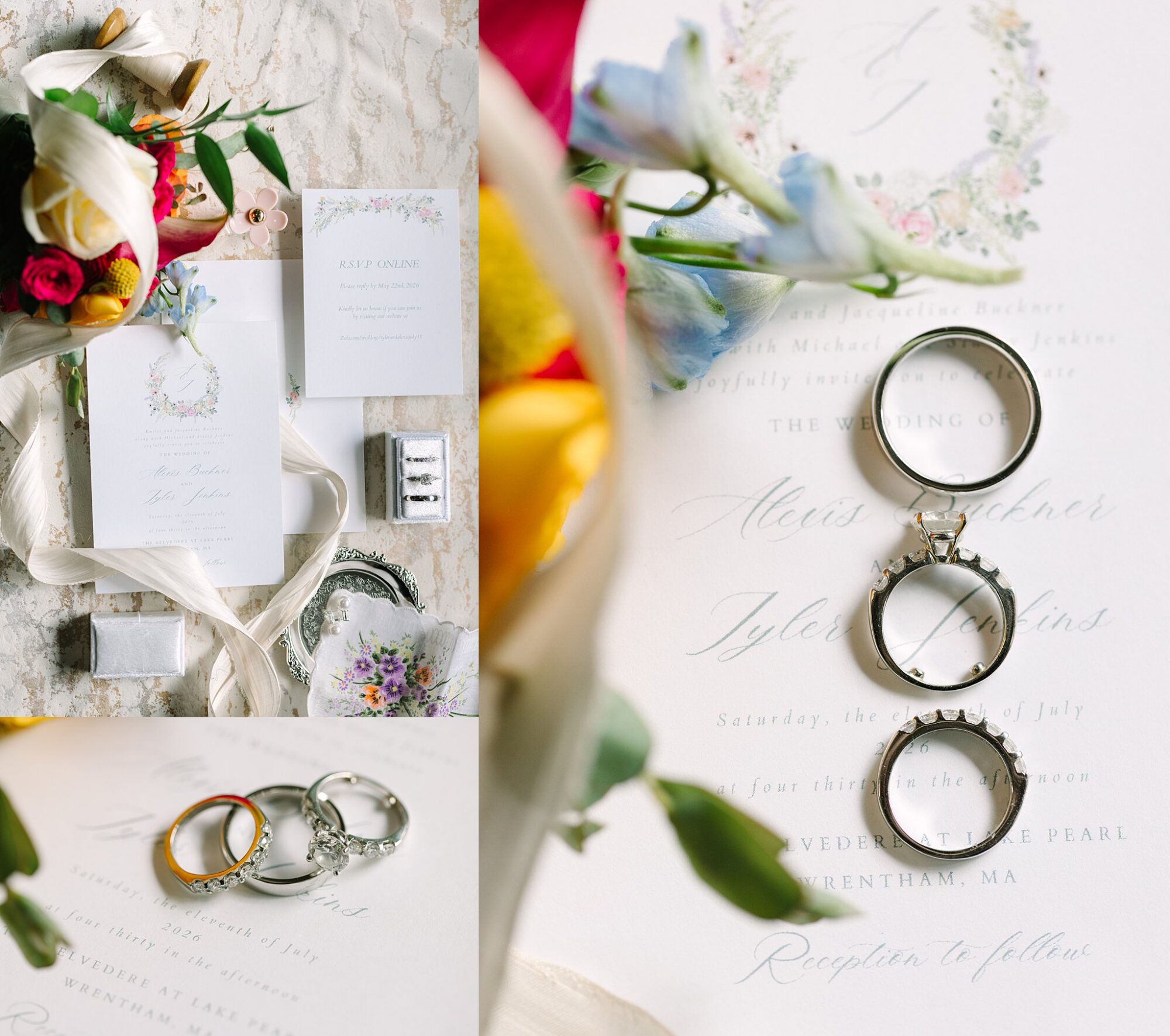 Floral wedding invitations and rings arranged with colorful flowers. Close-ups show gold and silver wedding bands and engagement rings on invitation paper with floral designs.