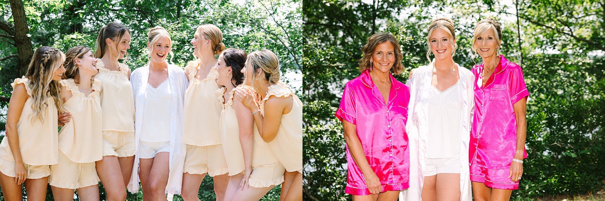 A group of women in matching light pajamas smile outdoors, with trees behind them. In the second photo, three women pose together, two in bright pink pajamas and one in white.