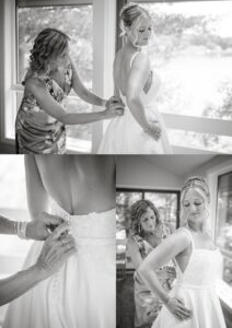 Three black-and-white photos show a bride being helped into her wedding dress by a woman in a floral dress, focusing on fastening the back and the brides expression.