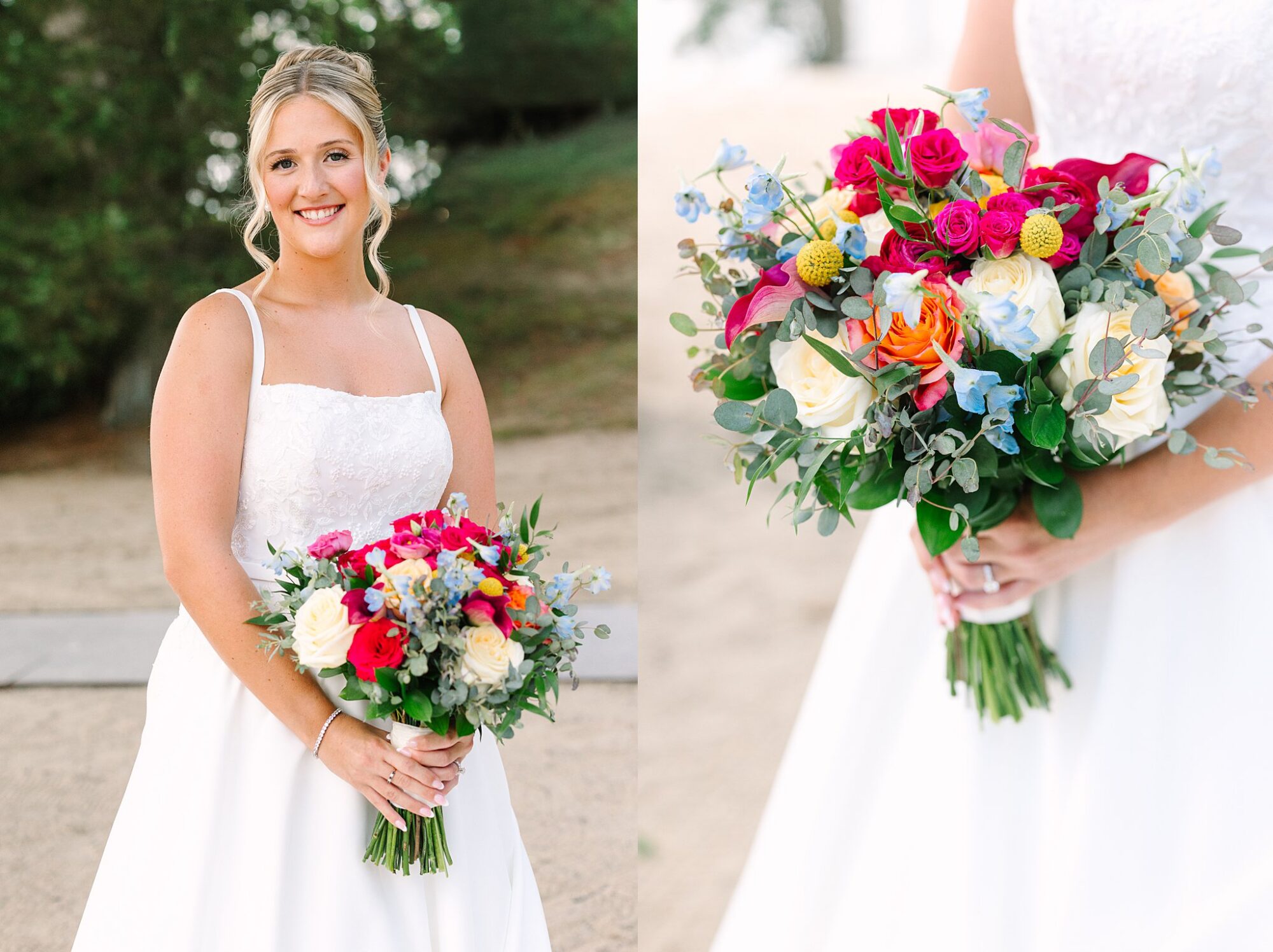 A bride in a white dress smiles, holding a vibrant bouquet of red, white, pink, yellow, and blue flowers with greenery. A close-up shows the bouquets colorful details.