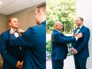 Two men adjust a grooms bowtie indoors, while on the right, another man helps the groom with his boutonniere outside on a sunny day, surrounded by greenery and flowers.
