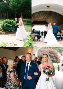 A bride in a white dress walks with an older man outdoors and down the aisle at a wedding ceremony, smiling and holding a colorful bouquet, surrounded by guests.