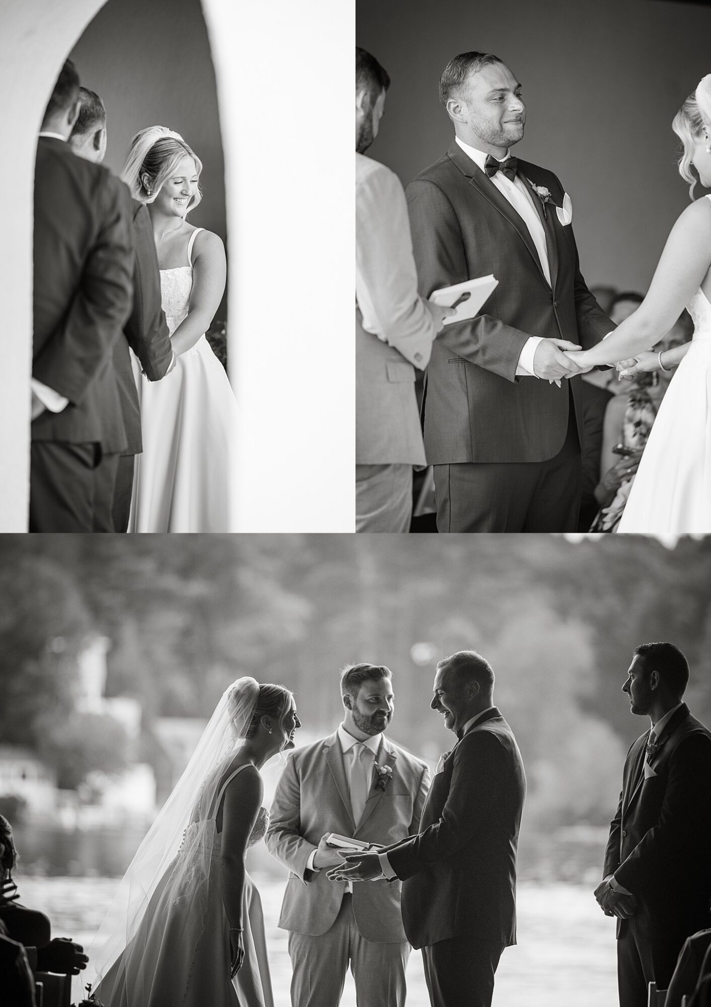 A bride and groom exchange vows and smiles during their wedding ceremony, holding hands and standing with officiants, captured in black and white.