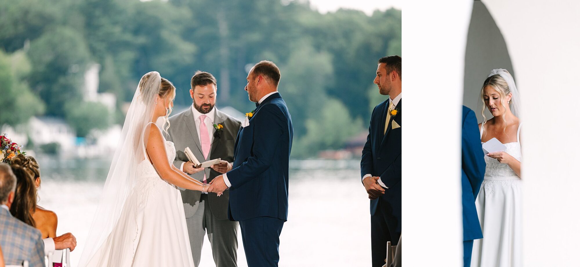 A bride and groom hold hands during an outdoor wedding ceremony by the water, with an officiant and groomsman nearby. On the right, the bride reads from a piece of paper in a shaded area.