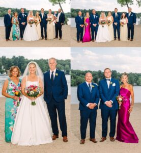 Four wedding portraits: one group shot with six people, two smaller group shots with three people each, and one shot with two men in suits. All are posing on a sandy lakeshore.