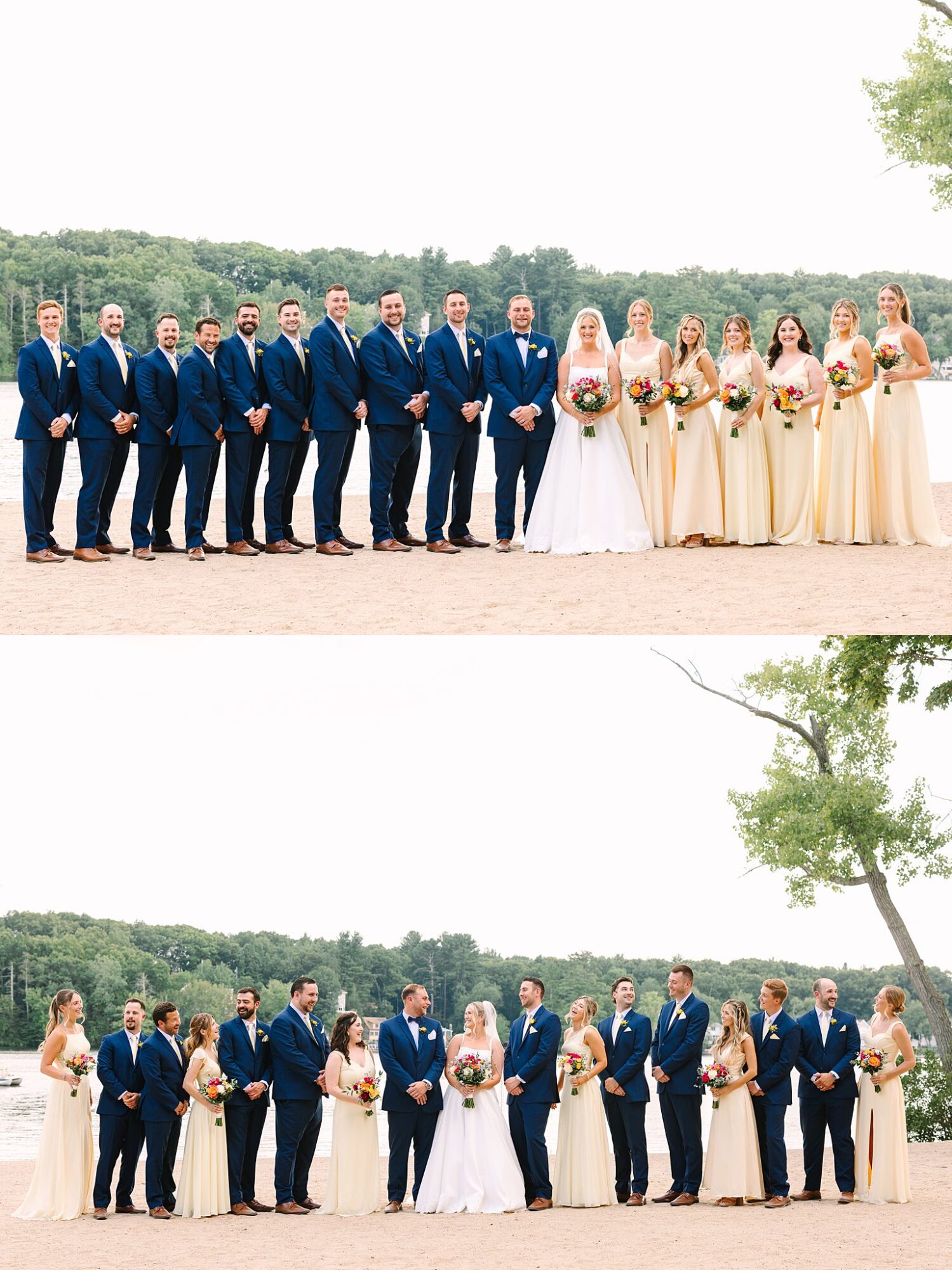 Two wedding party photos on a lakeside beach: groomsmen in blue suits, bridesmaids in pale yellow dresses, with the bride and groom centered, green trees and water in the background.