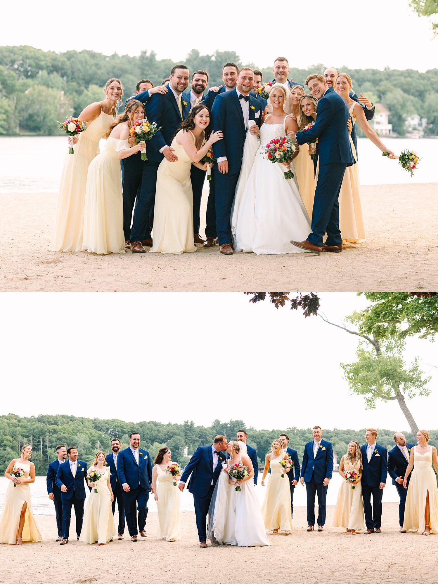 Two photos of a wedding party by a lake. The bride in white and bridesmaids in pale yellow dresses stand with the groom and groomsmen in blue suits, smiling and posing together on a sandy shore.