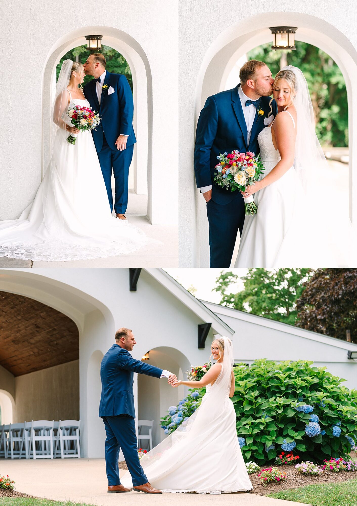 A bride and groom share romantic moments outside a white building, posing with a bouquet and dancing near colorful flowers, both smiling and dressed in wedding attire.