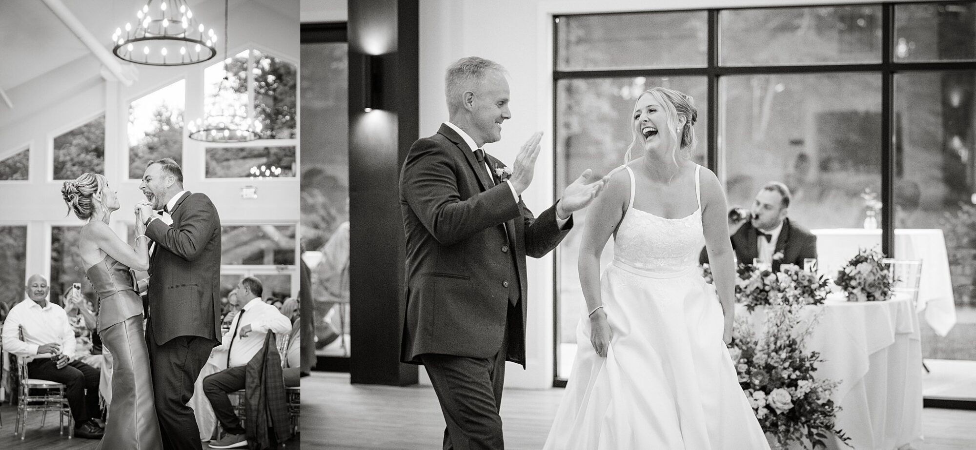 A black-and-white photo shows a bride and groom laughing and dancing at their wedding reception, while another couple dances in the background near seated guests.