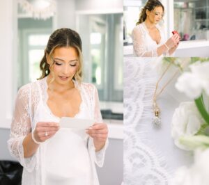 A bride in a lace robe reads a note and holds a small red box. Close-up shows a gold necklace with a flower-shaped pendant on lace beside white flowers.