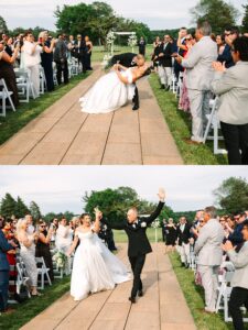 A newlywed couple celebrates outdoors, sharing a dramatic kiss and then joyfully walking down the aisle while guests seated on both sides cheer and clap.