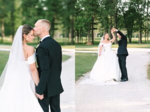 A bride and groom stand on a tree-lined path. In one photo, they hold hands as the groom kisses the brides forehead. In the other, he twirls her while she smiles, wearing an off-shoulder white gown.