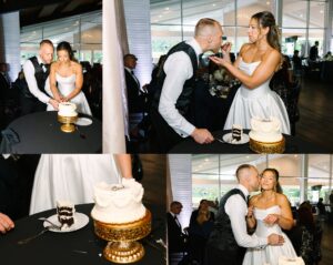 A bride and groom cut their wedding cake together, feed each other, share a kiss, and a close-up shows a slice of chocolate cake with white frosting and the decorated cake on a gold stand.