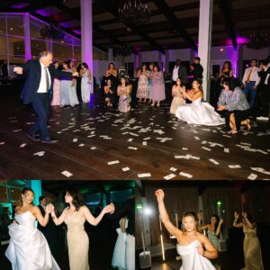 Wedding guests dance as dollar bills cover the floor. People in formal attire celebrate. Inset: two women, one in a wedding dress, happily dance together, raising their arms. The scene is festive and joyful.