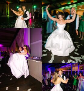 A bride in a white gown and a groom dance joyfully on a money-covered floor at a lively wedding reception with colorful lights and guests celebrating.