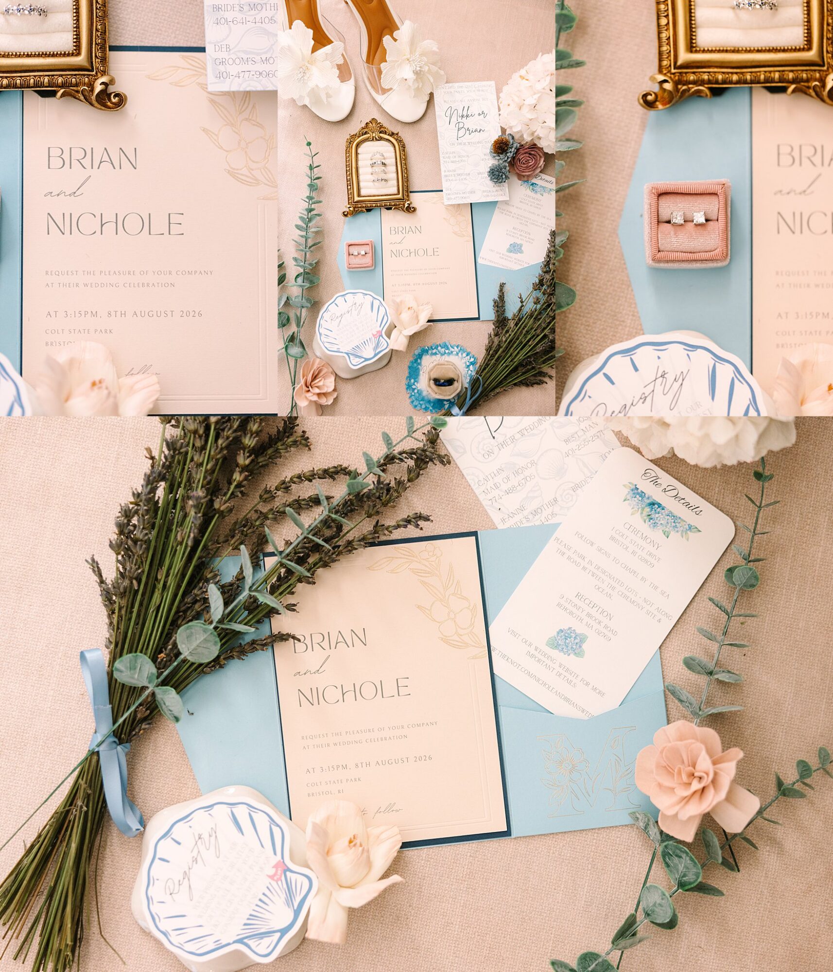 Flat lay of wedding invitations, RSVP cards, a blue ring box with a diamond ring, small floral arrangements, and framed calligraphy, displayed on a soft beige surface with blue and blush pink accents.