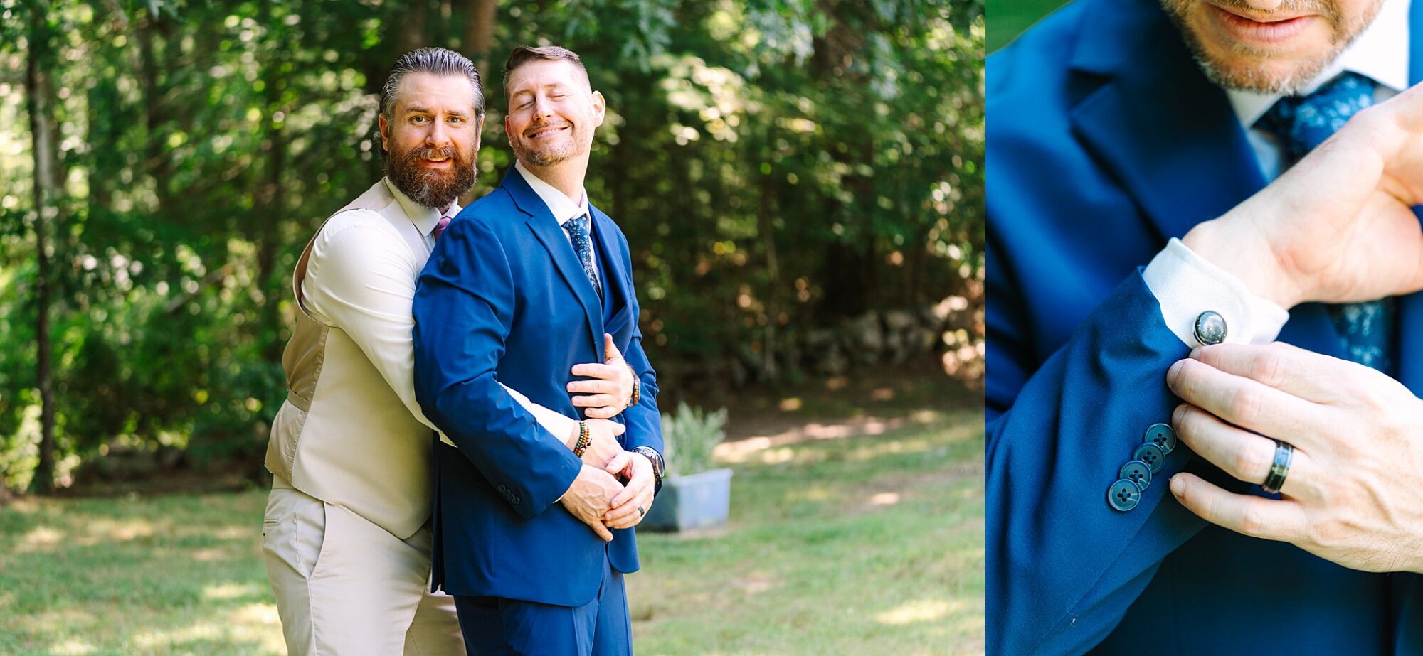 Two men in formal suits pose playfully outdoors, one hugging the other from behind, both smiling. On the right, a close-up shows a man adjusting his cufflinks on a blue suit. Lush green trees fill the background.