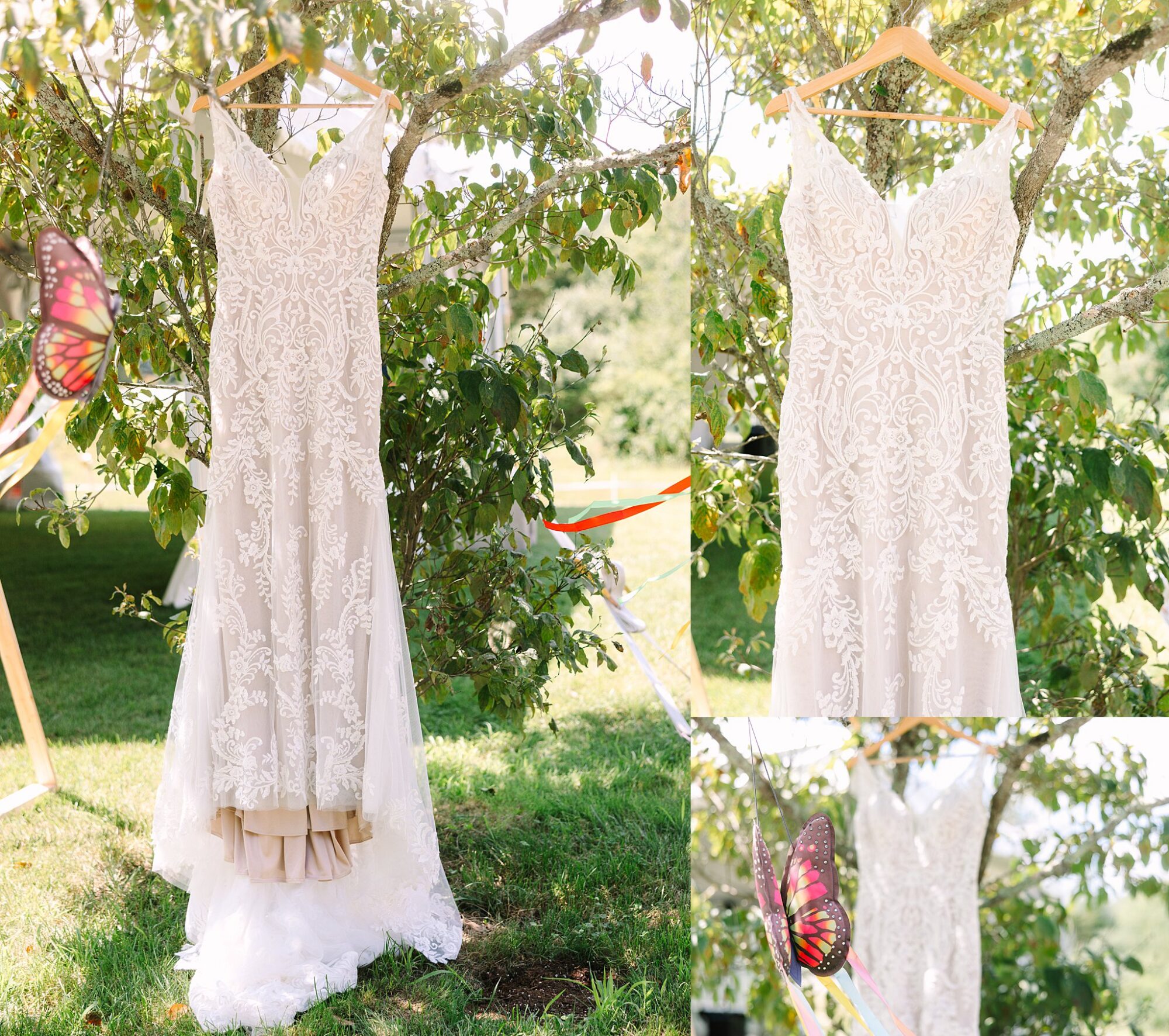 A white lace wedding dress hangs on a tree branch outdoors, with a pink and black butterfly decoration nearby and sunlight filtering through the green leaves.