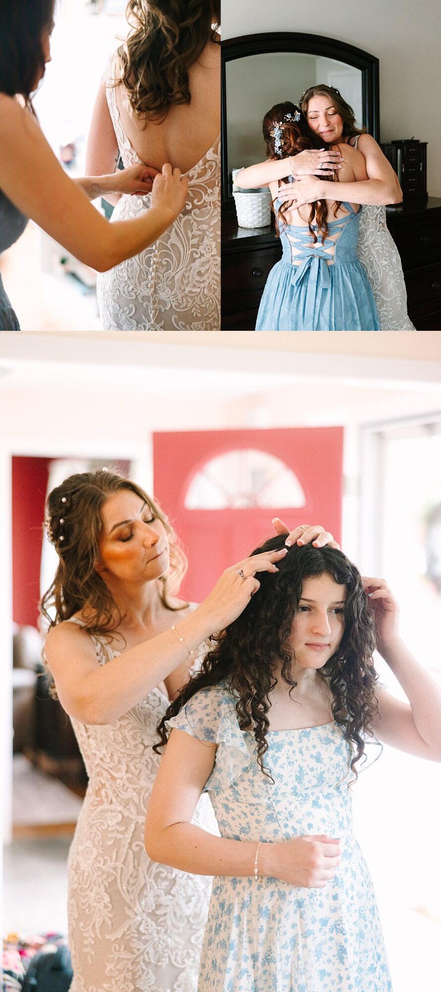 Three images: A woman buttons a brides dress, two women hug by a mirror, and a woman fixes a girls curly hair. All are getting ready in bright, natural light, wearing light, floral dresses. Bridal preparations and affection are shown.