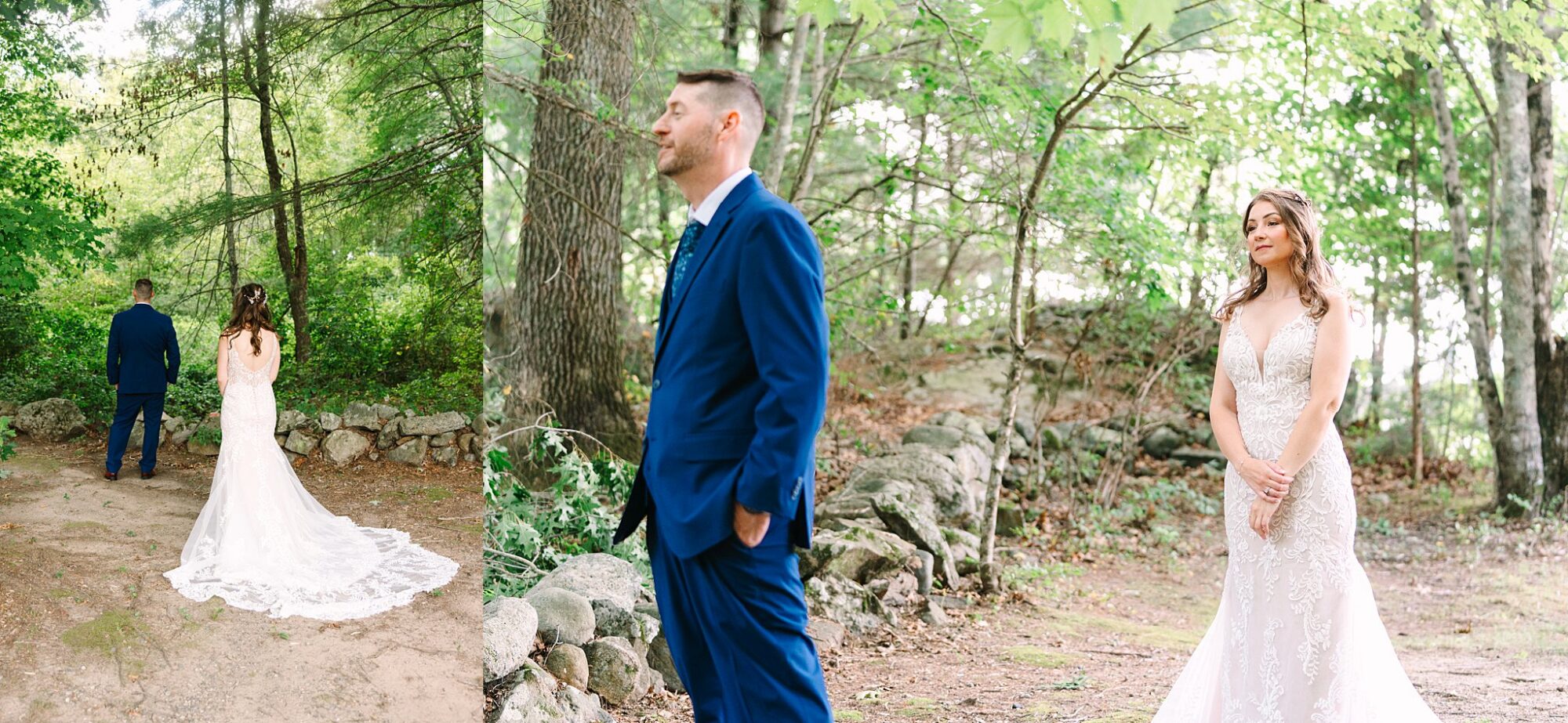 A bride in a white gown approaches a groom in a blue suit for a first look outdoors, surrounded by green trees and rocks.