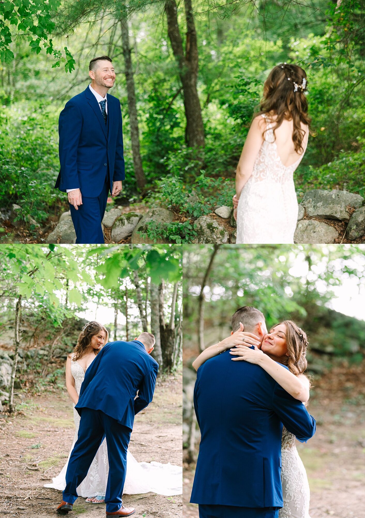 A bride and groom meet outdoors in a forested area. They see each other, smile, embrace, and share a joyful hug among green trees and rocks.