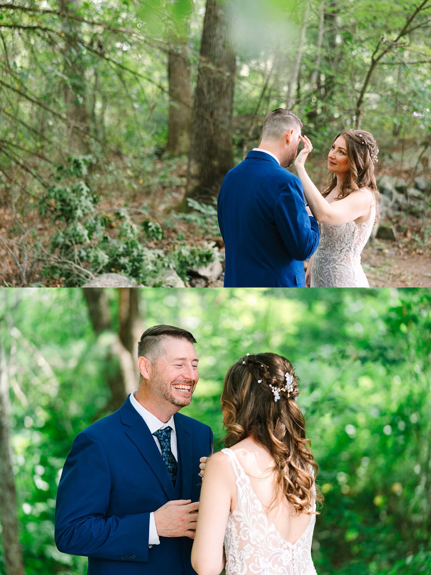 A bride and groom share a tender moment in a wooded outdoor setting; she fixes his hair, and they both smile warmly at each other.