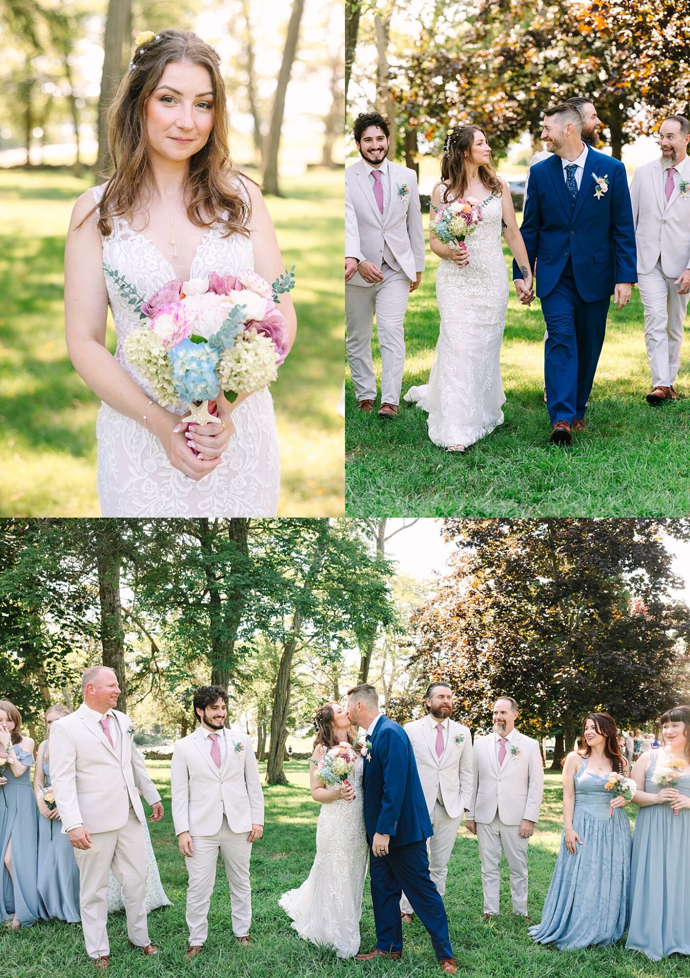 A bride holding a bouquet, posing alone and walking with her groom and wedding party outdoors in sunlight; bridesmaids wear light blue dresses and groomsmen wear light suits with pink ties.
