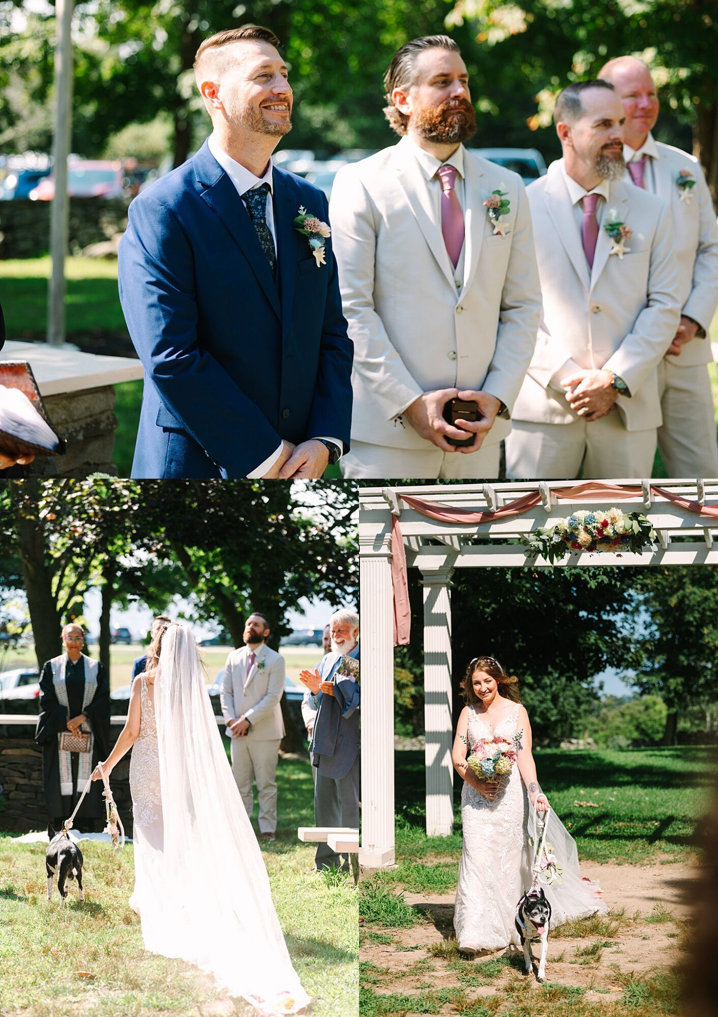 A groom and groomsmen wait at an outdoor altar. A bride in a white dress, holding flowers, walks up the aisle with a dog on a leash. Sunlight filters through trees on a green lawn.