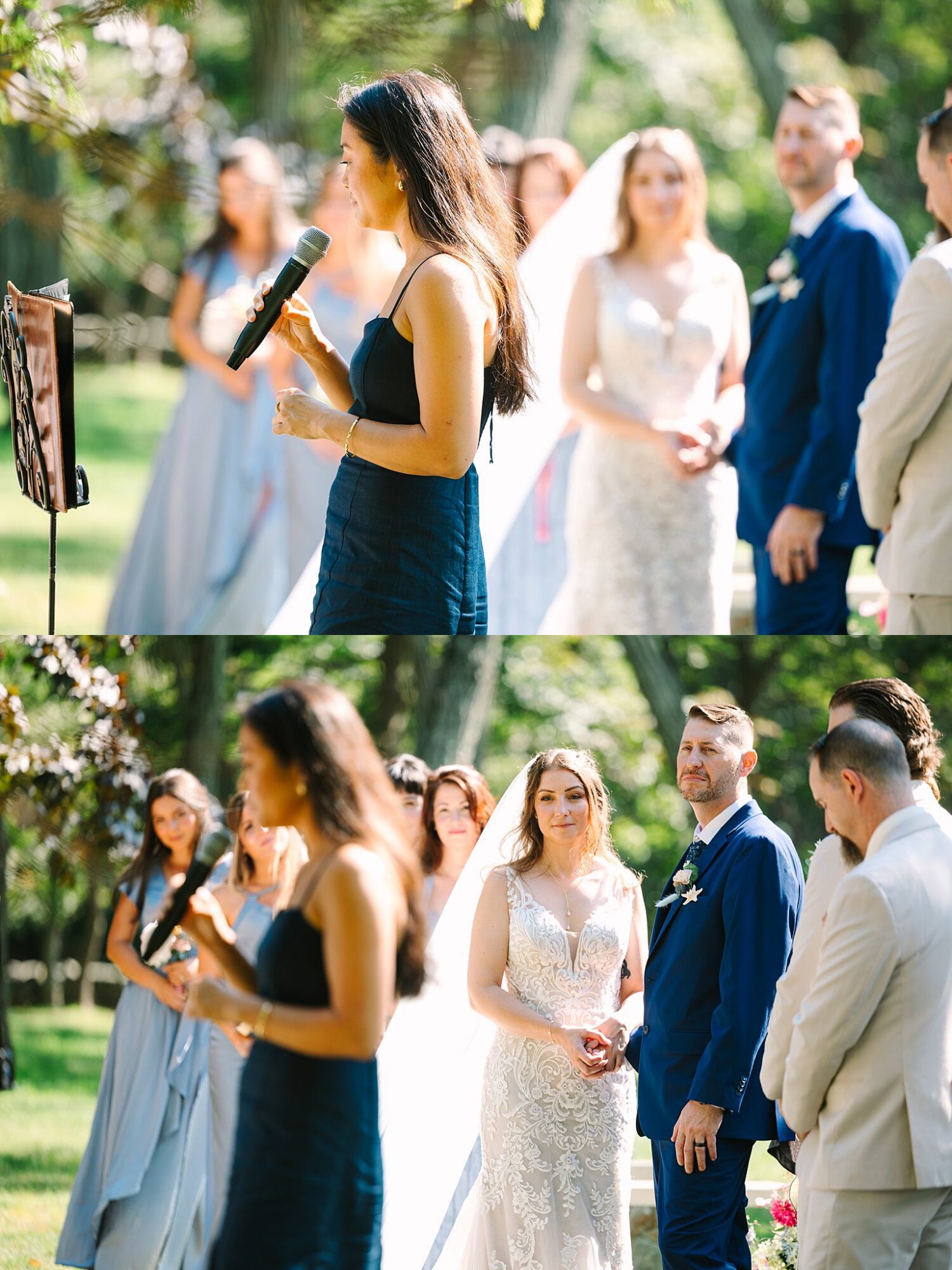 A woman speaks into a microphone at an outdoor wedding ceremony, while the bride, groom, and wedding party stand nearby in formal attire, bathed in sunlight.