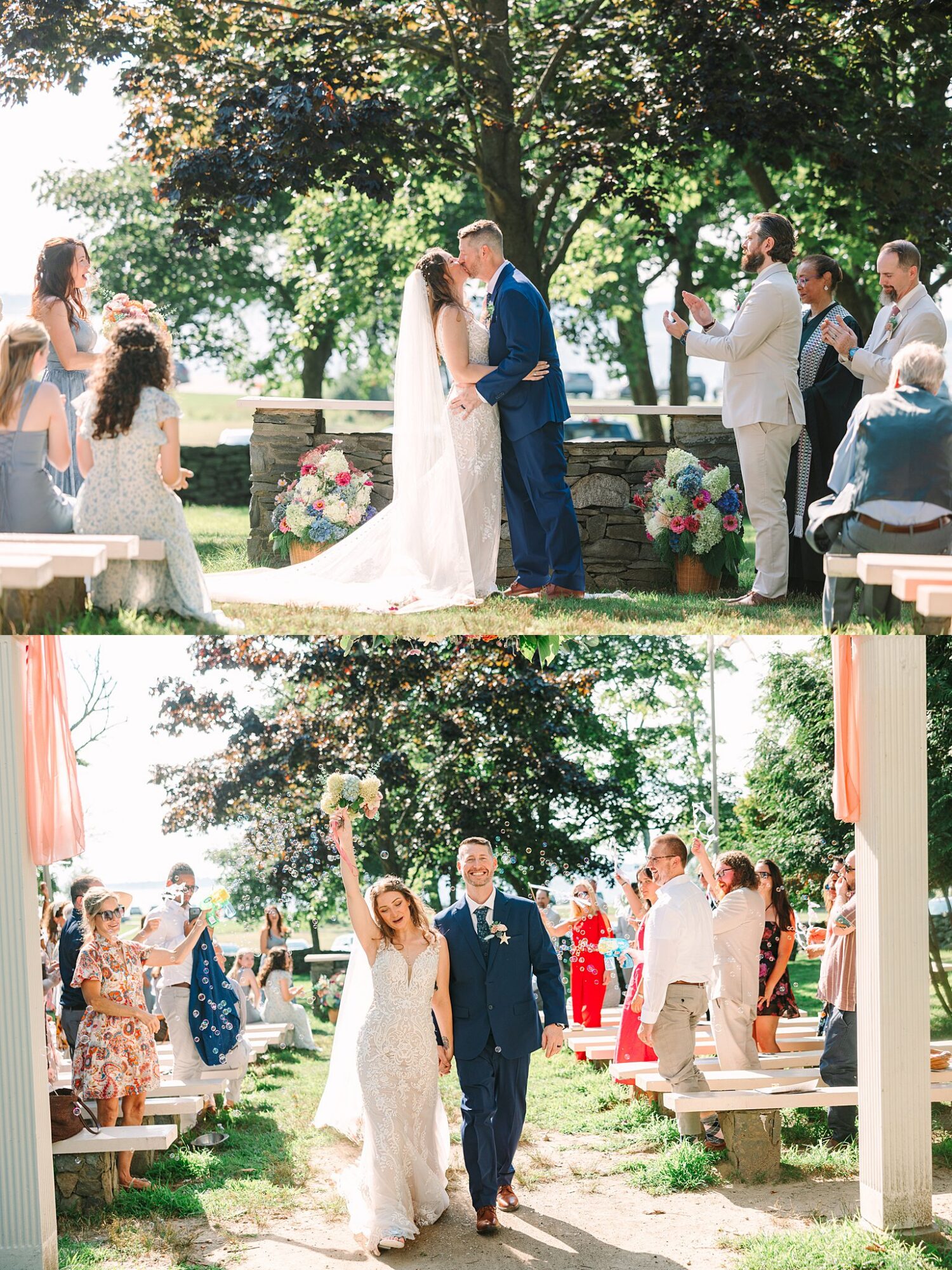 A bride and groom kiss at an outdoor wedding altar, then walk down the aisle smiling as guests clap and celebrate under sunny trees.