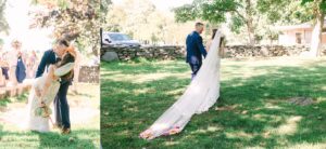 Split image: Left, groom dips and kisses bride outdoors; Right, bride in lace dress and long veil with colorful flowers walks hand-in-hand with groom on green grass, stone wall and trees in background.
