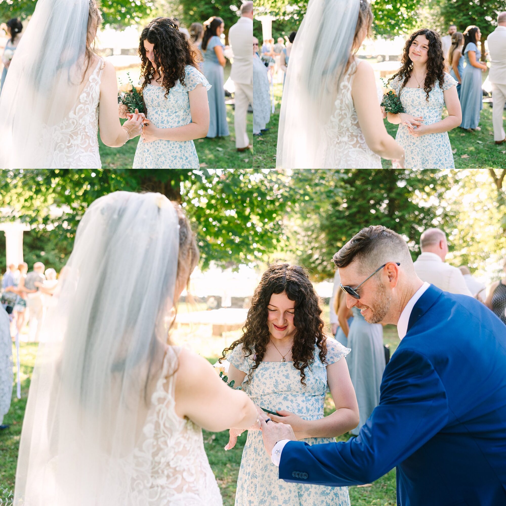 A bride, wearing a lace dress and veil, places a ring on a smiling curly-haired womans finger during an outdoor ceremony. A man in a blue suit assists in the bottom photo.