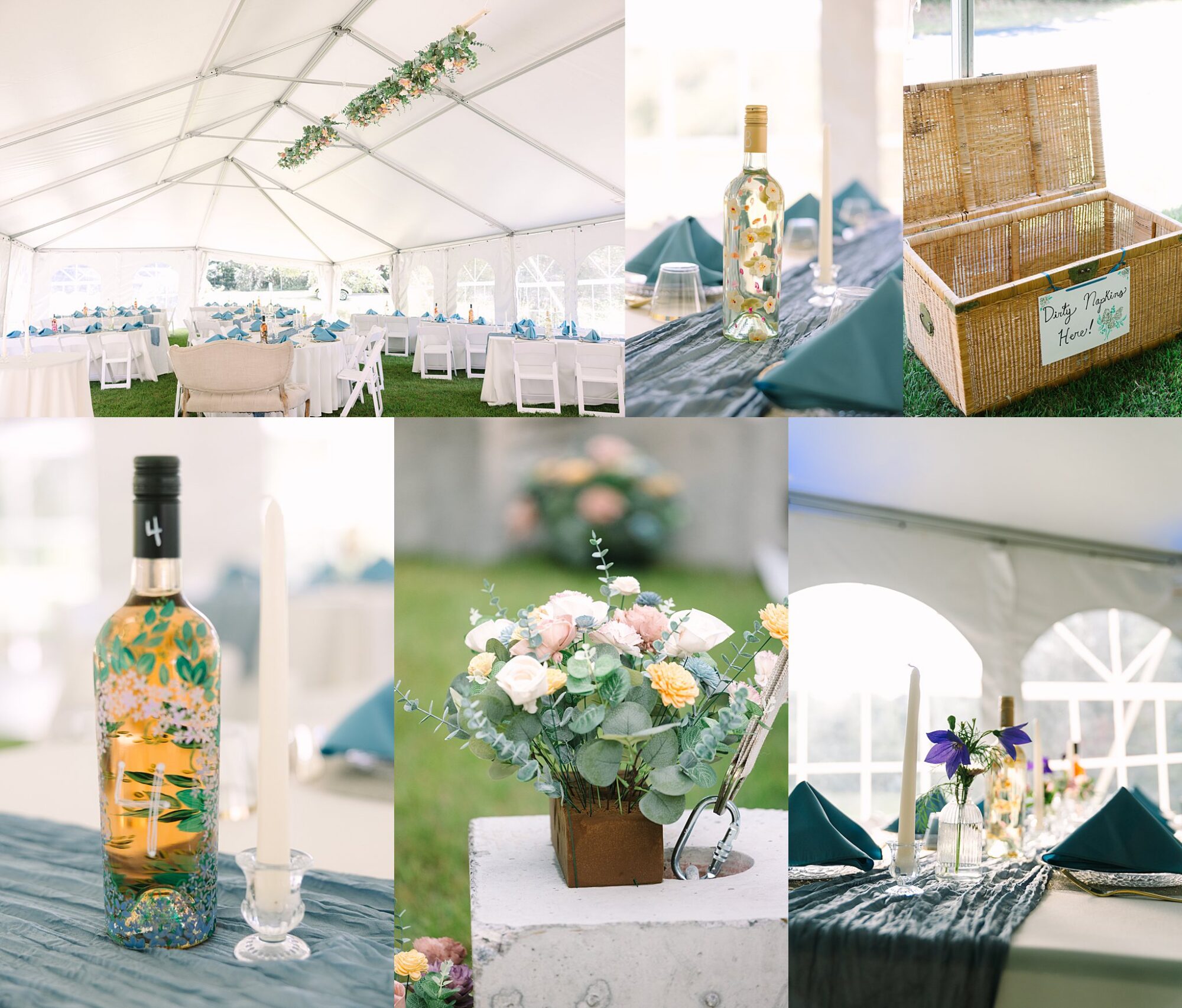 Collage of a wedding reception with decorated tables, a hanging floral arrangement, floral centerpieces, a wine bottle with flowers, and a wicker card box labeled Drop Thyme Here..