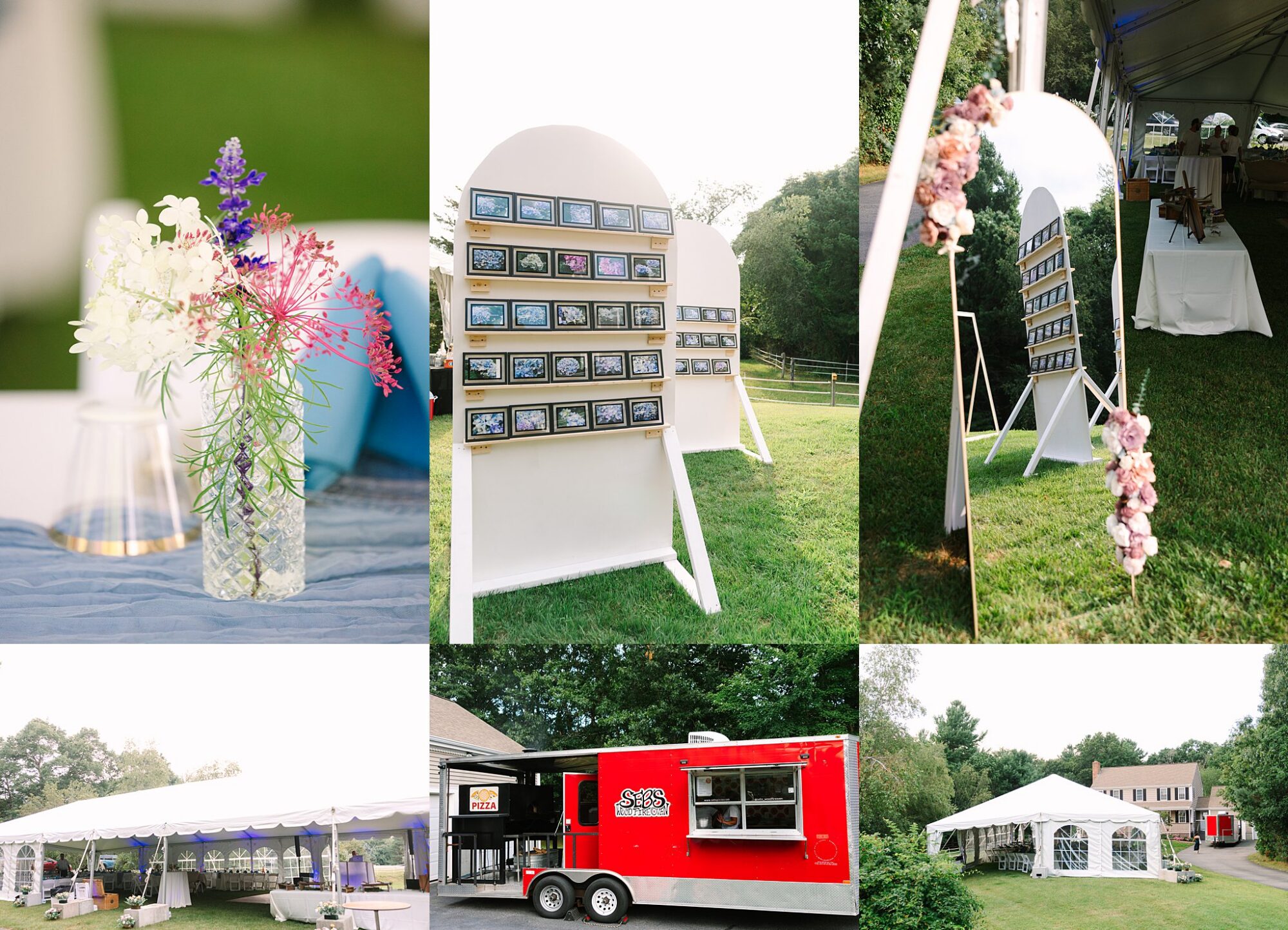 Collage of outdoor event scenes: floral centerpiece, escort card display boards, mirror with flowers, red food truck, large white tents, and green grassy surroundings under a clear sky.