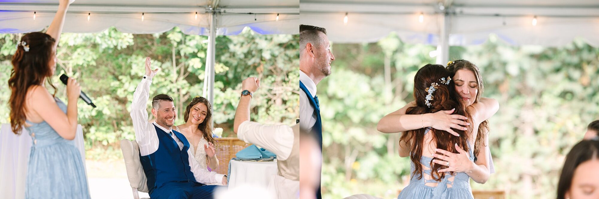 A woman in a blue dress gives a speech with a microphone, as a seated couple smiles and raises their arms. In the next frame, the woman hugs the bride under a white tent at an outdoor event.
