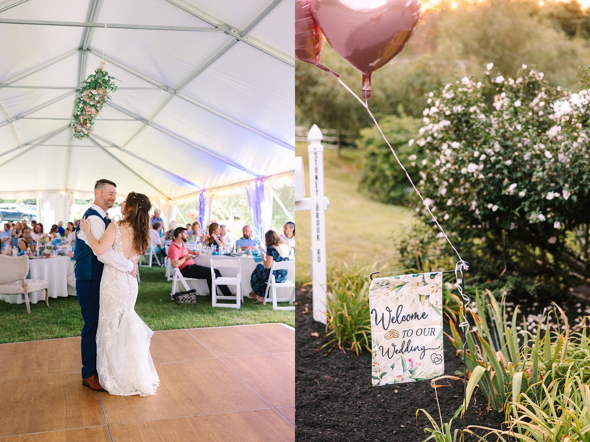 A couple dances at their wedding reception under a tent; guests watch. Next to them, a sign with heart balloons reads Welcome to our Wedding surrounded by greenery and flowers.