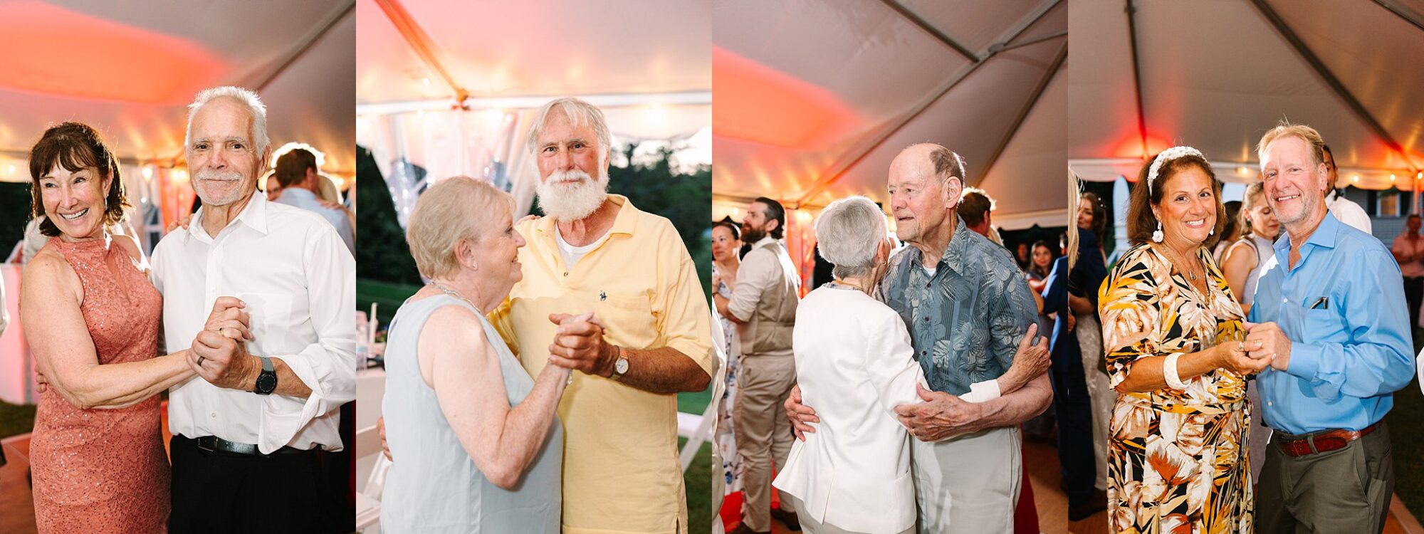 Three elderly couples dance and smile under a white tent at an event, dressed in semi-formal attire with warm lighting and other guests visible in the background.