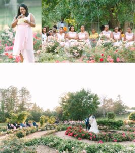 A wedding in a rose garden with bridesmaids in pink dresses, a woman giving a speech, and a couple exchanging vows surrounded by colorful flowers and seated guests.