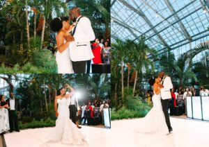 A bride and groom in formal attire share a joyful first dance at their wedding, surrounded by guests in a lush, glass-enclosed garden venue.