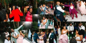 A collage of people dancing, laughing, and celebrating at a lively indoor event with tropical plants and festive attire, including colorful dresses and suits.