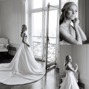 A bride in a long, elegant gown stands near French doors. Two inset images show her putting on an earring and touching the window, all in soft black-and-white tones.