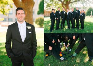A groom smiles in a suit, a group of groomsmen pose together outdoors, and they show off colorful socks, all dressed formally under bright sunlight.
