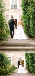 A couple in wedding attire walks hand in hand along a garden path beside a stone building, then stops to share a kiss among the greenery.
